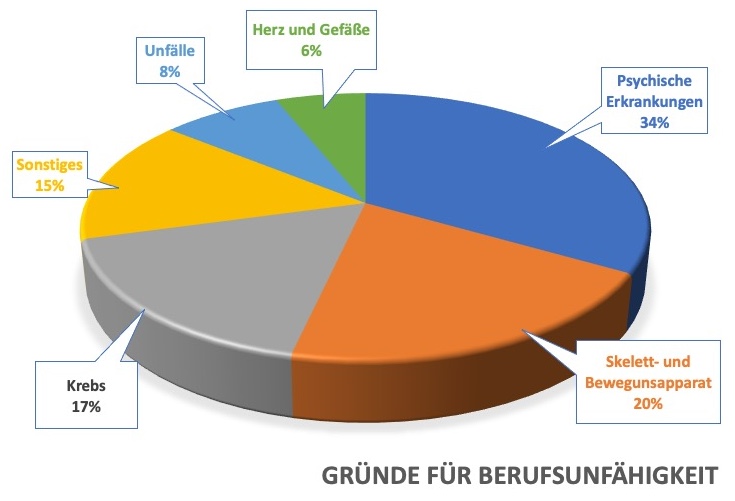 Das Diagramm zeigt die prozentuale Verteilung der Gründe für Berufsunfähigkeit.